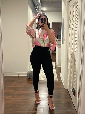 Balenciaga Floral P ussy Bow Floral Print Silk Jacquard Blouse in Pink & White